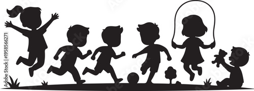 Silhouette of children playing outside, jumping and having fun in a park or playground.