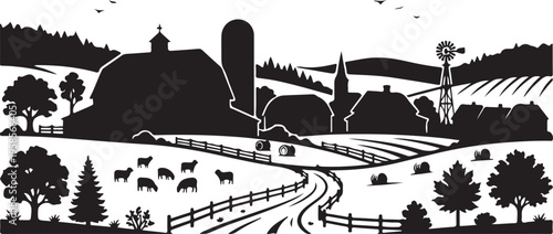 Black silhouette of a rural farm landscape with barn, silo, windmill, and fields at dusk or dawn.