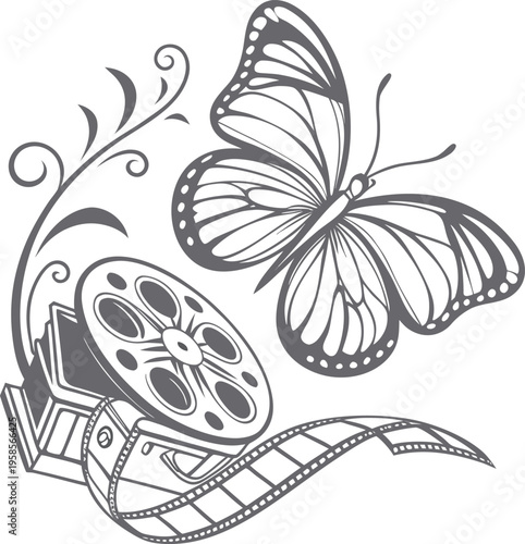 Vector illustration of butterfly, film reel and movie tape