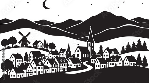 Black and white illustration of a serene village at night with a crescent moon