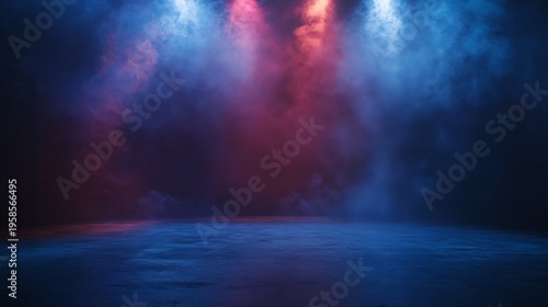 Empty dark stage with blue floor and colorful smoke creating a dramatic futuristic atmosphere