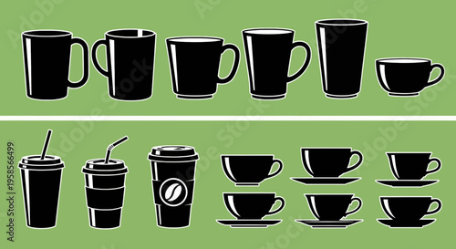 Black and white coffee and tea cup icons on green background mug icon illustration beverage drink hot cold takeout straw handle saucer silhouette outline various