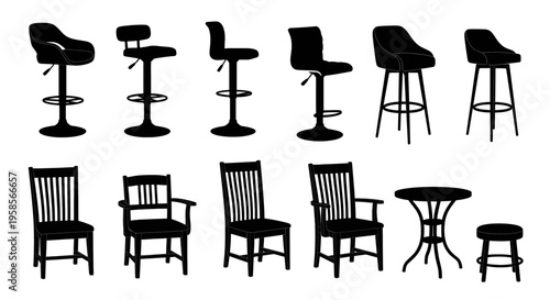A collection of various chair and stool silhouettes on a white background furniture silhouette black barstool dining armchair table silla chaise design home decor interior