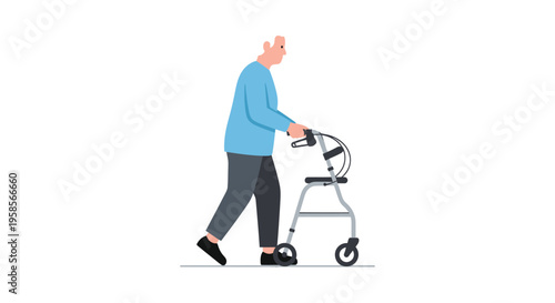 An elderly man with gray hair slowly walks with a rolling walker depicting aging and mobility assistance silhouette high quality professional