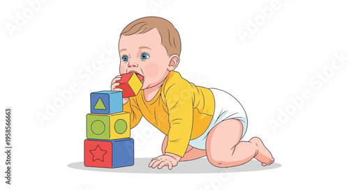 A young baby crawls and playfully puts a colorful building block in their mouth a charming silhouette high quality professional detailed