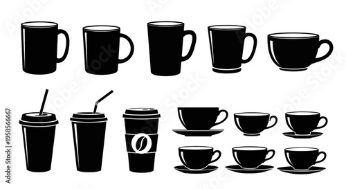 Black and white illustration of various coffee and tea cups and mugs mug cup icon set collection beverage drink hot cold takeout disposable straw handle