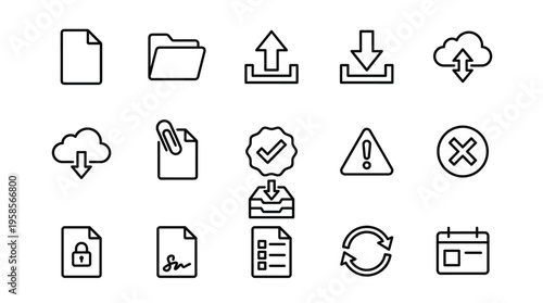 Set of 15 Black and White Outline Document and Cloud Computing Vector Icons