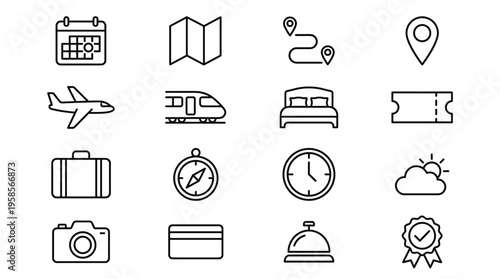 Set of 16 Outline Travel and Vacation Icons Vector