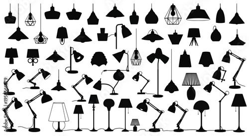 Collection of various lamp and lighting fixture silhouettes for interior design and decoration lamps fixtures decor table floor pendant lights ceiling desk shades light home