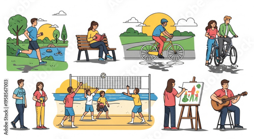 People enjoying leisure activities outdoors and indoors illustrations of happy moments in life