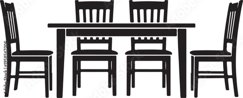 A black silhouette of a dining table with four matching chairs on a plain background