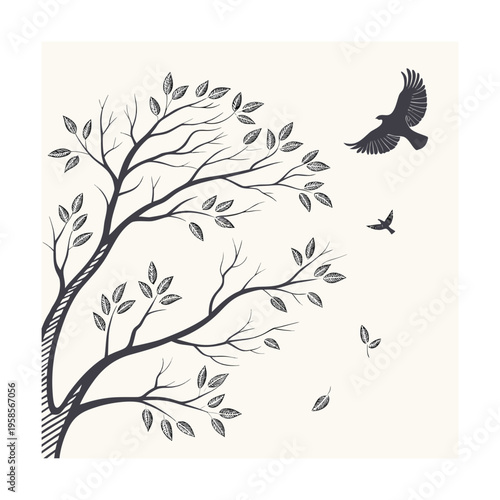 Vector illustration of tree with falling leaves and flying birds