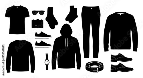 Black silhouettes of mens clothing and accessories on a white background men fashion style wardrobe apparel shirts pants shoes socks watch belt sunglasses casual wear