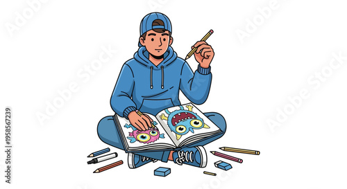 A young artist sits cross legged sketching monsters in an open sketchbook with pencils and crayons silhouette high quality professional detailed modern