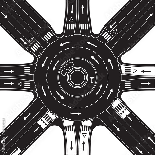 Black and white illustration of a roundabout road junction with multiple lanes and traffic directions.