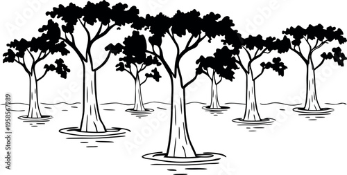 Hand Drawn Silhouette of Mangrove Trees in Water, Swamp Landscape Illustration