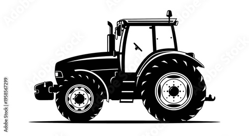 Tractor silhouette with large wheels on white background black vehicle farm agriculture equipment machine wheel tire heavy industry rural landscape side view profile illustration graphic