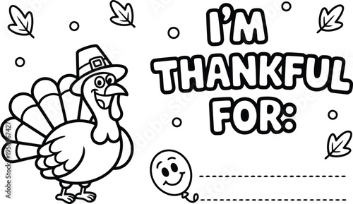 A cheerful cartoon turkey wearing a pilgrim hat on a Thanksgiving coloring page for children