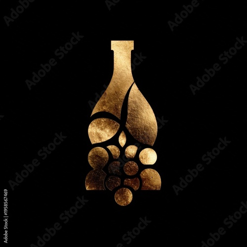 Abstract golden bottle silhouette with drops and bubbles on a black background