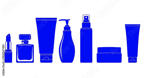 Blue icons of various cosmetic products on white background cosmetics makeup skincare beauty illustrations lipstick perfume cream lotion soap bottle container tube jar personal care