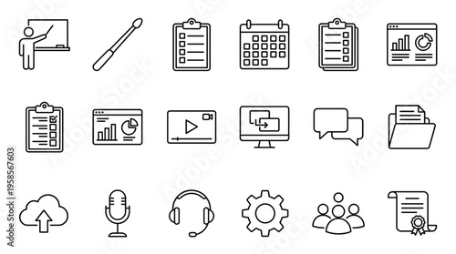 Set of 18 Black Line Business and Education Vector Icons