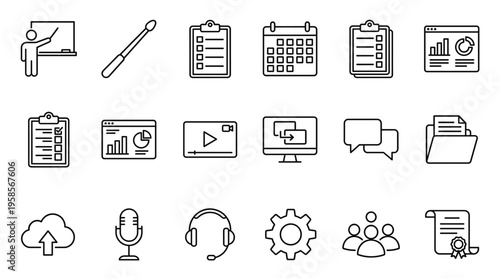 Set of 18 Black Outline Business and Education Icons Vector