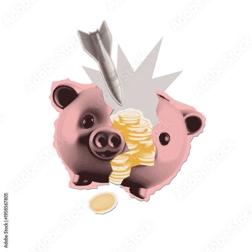 Economic crisis and war concept. Halftone retro collage of falling missile breaking piggy bank with gold coins. Global financial crash, inflation and military conflict vector illustration.