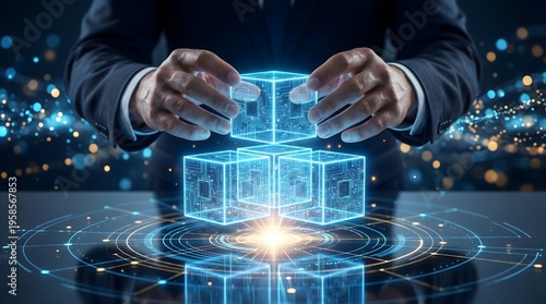 Businessman Stacking Digital Glowing Cubes for Business Structure