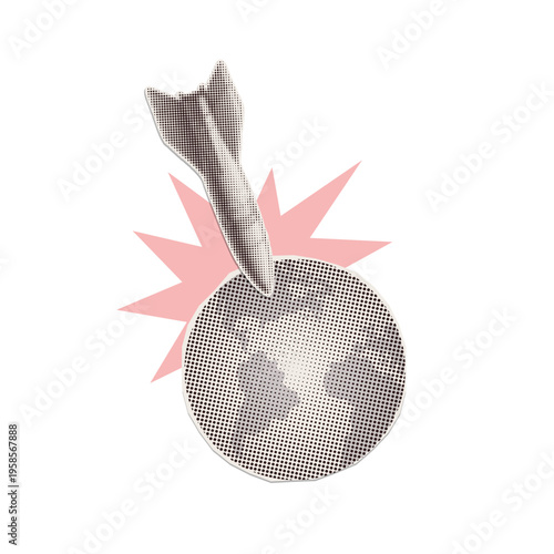 Global military conflict and world war concept. Vintage halftone collage of falling missile attacking earth globe. Retro pop art vector illustration for geopolitical tension and international crisis.