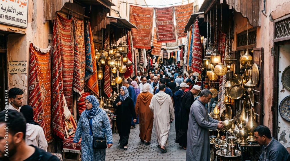 Obraz premium Bustling Moroccan Souk: Vibrant Market Scene with Traditional Crafts and Shoppers