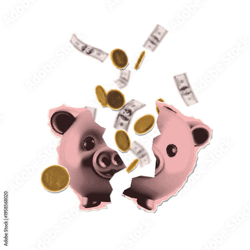 Financial crash and inflation concept. Retro pop art halftone collage of broken piggy bank with falling dollar banknotes and gold coins. Vector illustration for economic crisis and market recession.