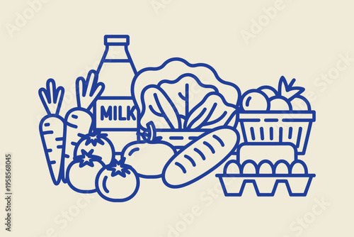 Farm market food set outline sketch vector illustration, fresh vegetables and fruits, organic products