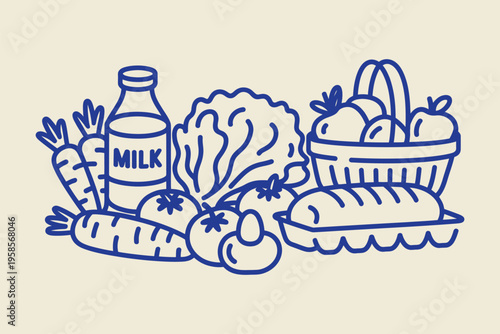 Farm market food set outline sketch vector illustration, fresh vegetables and fruits, organic products