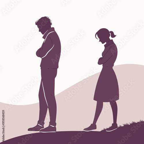 Couple Standing Back to Back Due to Conflict Silhouette Vector Illustration