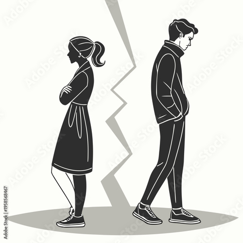 Couple Standing Back to Back Due to Conflict Silhouette Vector Illustration