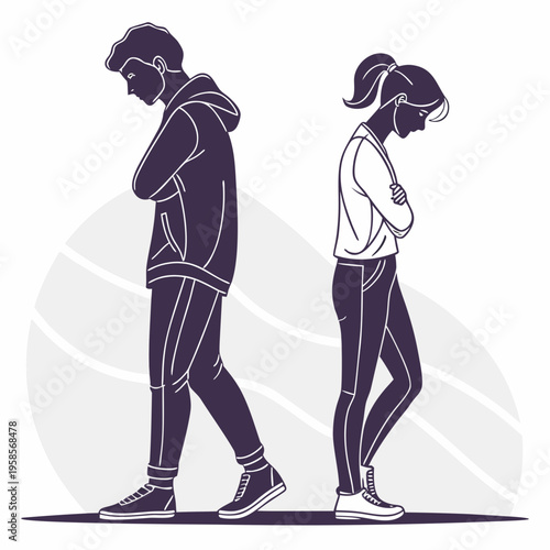 Couple Standing Back to Back Due to Conflict Silhouette Vector Illustration