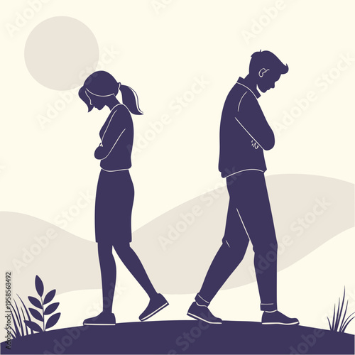 Couple Standing Back to Back Due to Conflict Silhouette Vector Illustration
