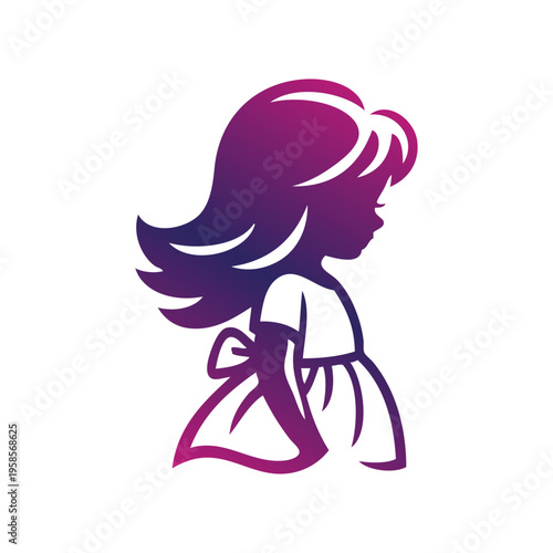 Logotipo de boutique de moda infantil. Dibujo sencillo con líneas de una niña de perfil con un vestido adornado con un nudo de lazo