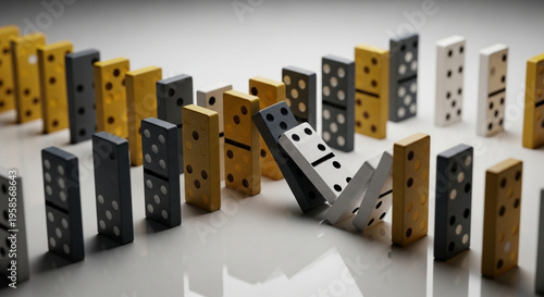 A chain reaction of falling dominoes in yellow and gray tones illustrating a sequence of events