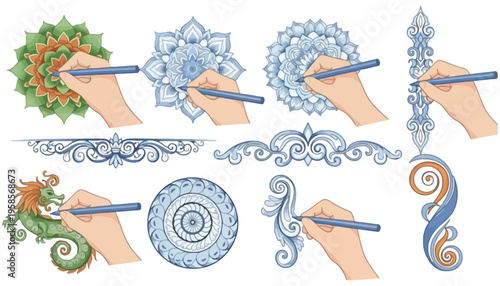 A hand holding a brush creating intricate mandala and floral illustrations