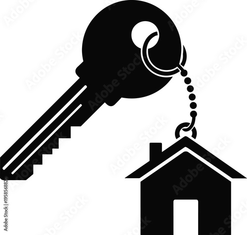 Black house key with home keychain flat vector illustration for real estate mortgage property ownership moving into new apartment icon