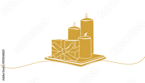 A golden icon illustration of candles and a gift box on a tray