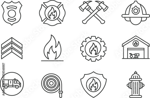Fire department symbols, line style icons, fire badge, fire emblem, crossed axes, firefighter helmet, emergency services vector, fire safety illustration, rescue equipment symbols