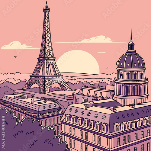 Vue aérienne de Paris, France, surplombant la célèbre Tour Eiffel, lever de soleil en arrière-plan