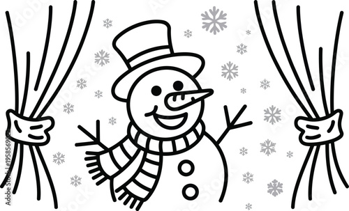A cheerful smiling snowman wearing a top hat and scarf stands between parted curtains as snowflakes fall