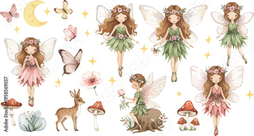 Whimsical illustration of fairies and forest creatures in a magical setting with moon and flowers