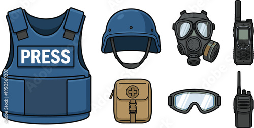 Journalists wear protective gear including press vest and gas mask