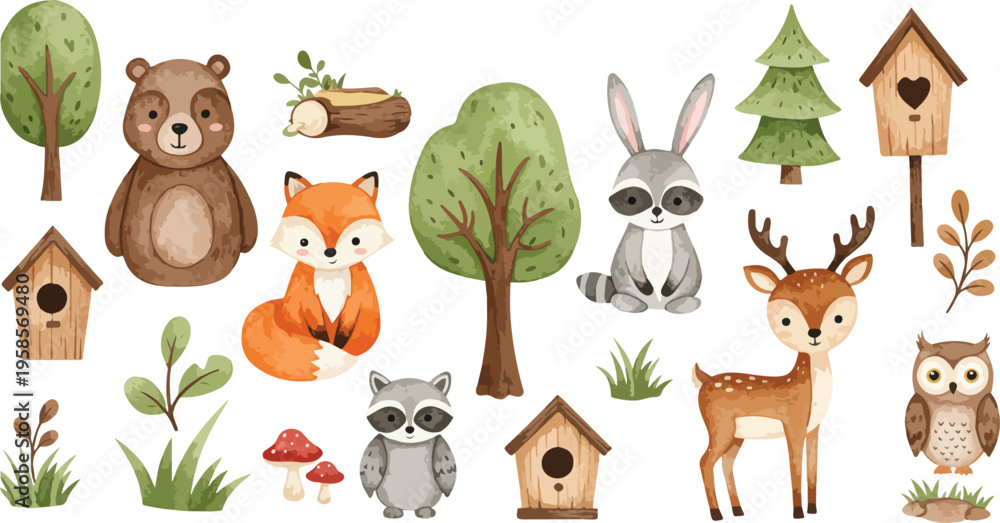 Fototapeta premium Whimsical forest animals and trees in a playful woodland scene with birds houses and plants