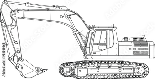 Excavator construction machine line art with detailed tracks arm and bucket heavy equipment vector illustration isolated