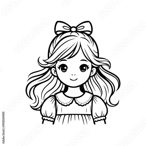 Logotipo de boutique de moda infantil. Dibujo sencillo con líneas de una niña de frente peinada con un nudo de lazo,  con un vestido